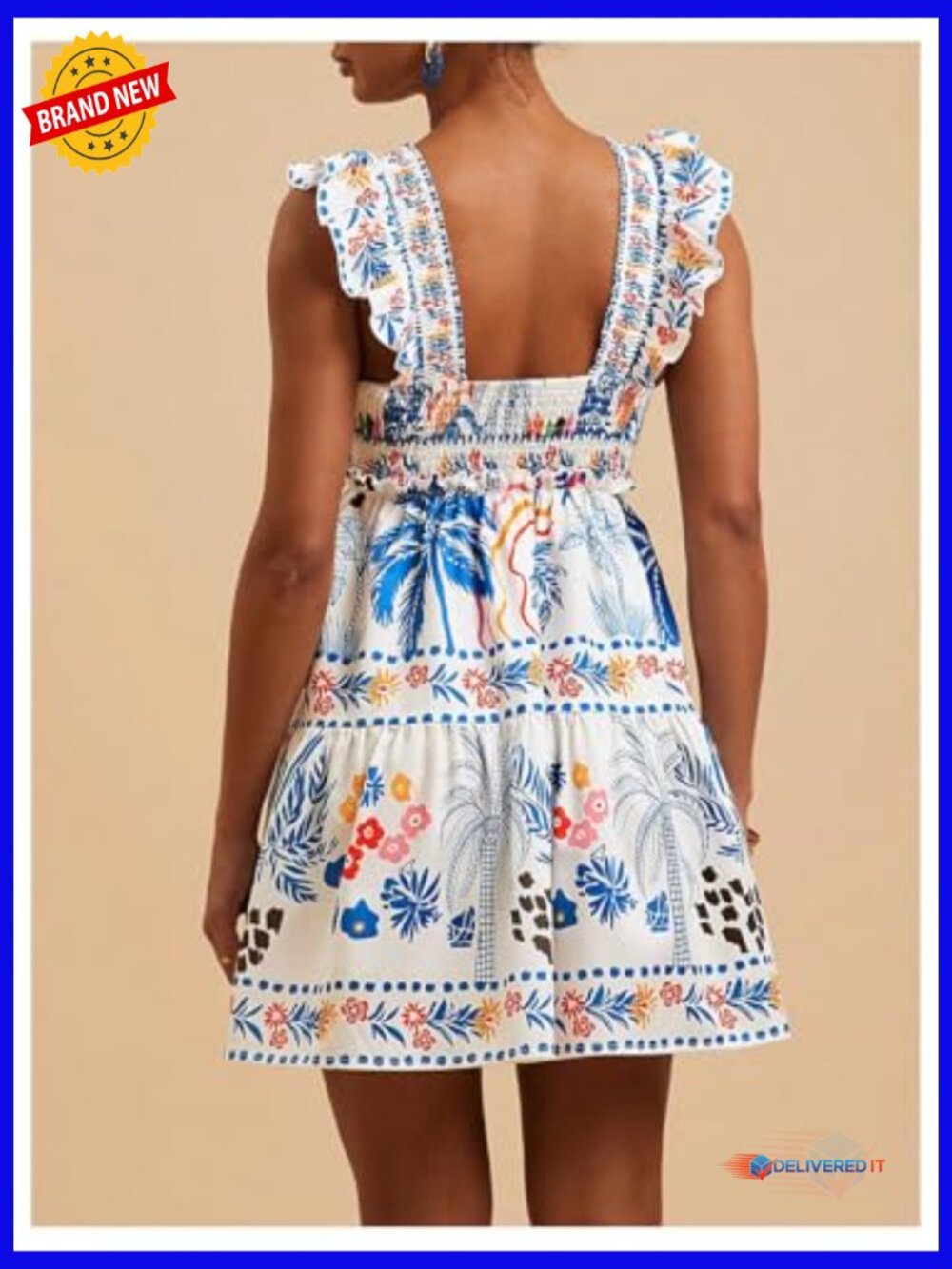 Floral Tropical Graphic Short Dress Ruffle Hem Sleeveless Tank - Picture 3 of 6